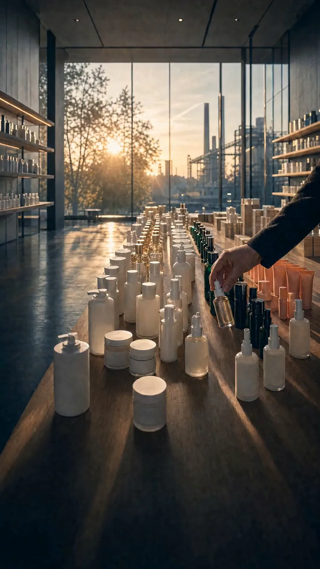 White serum bottle on a curved conveyor with robotic arms in a cosmetics factory