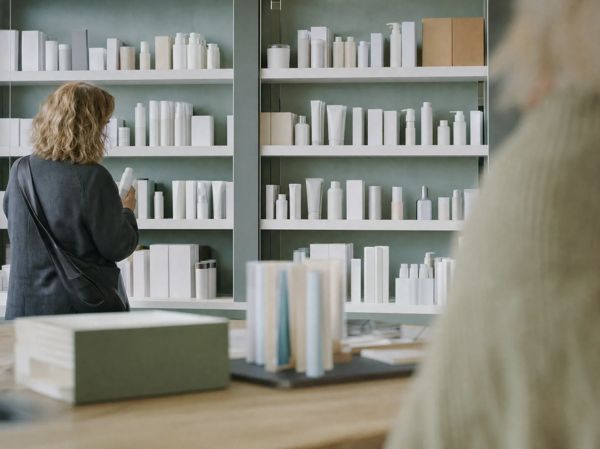 Customer browsing white dermo-cosmetic and skincare products on pharmacy shelves