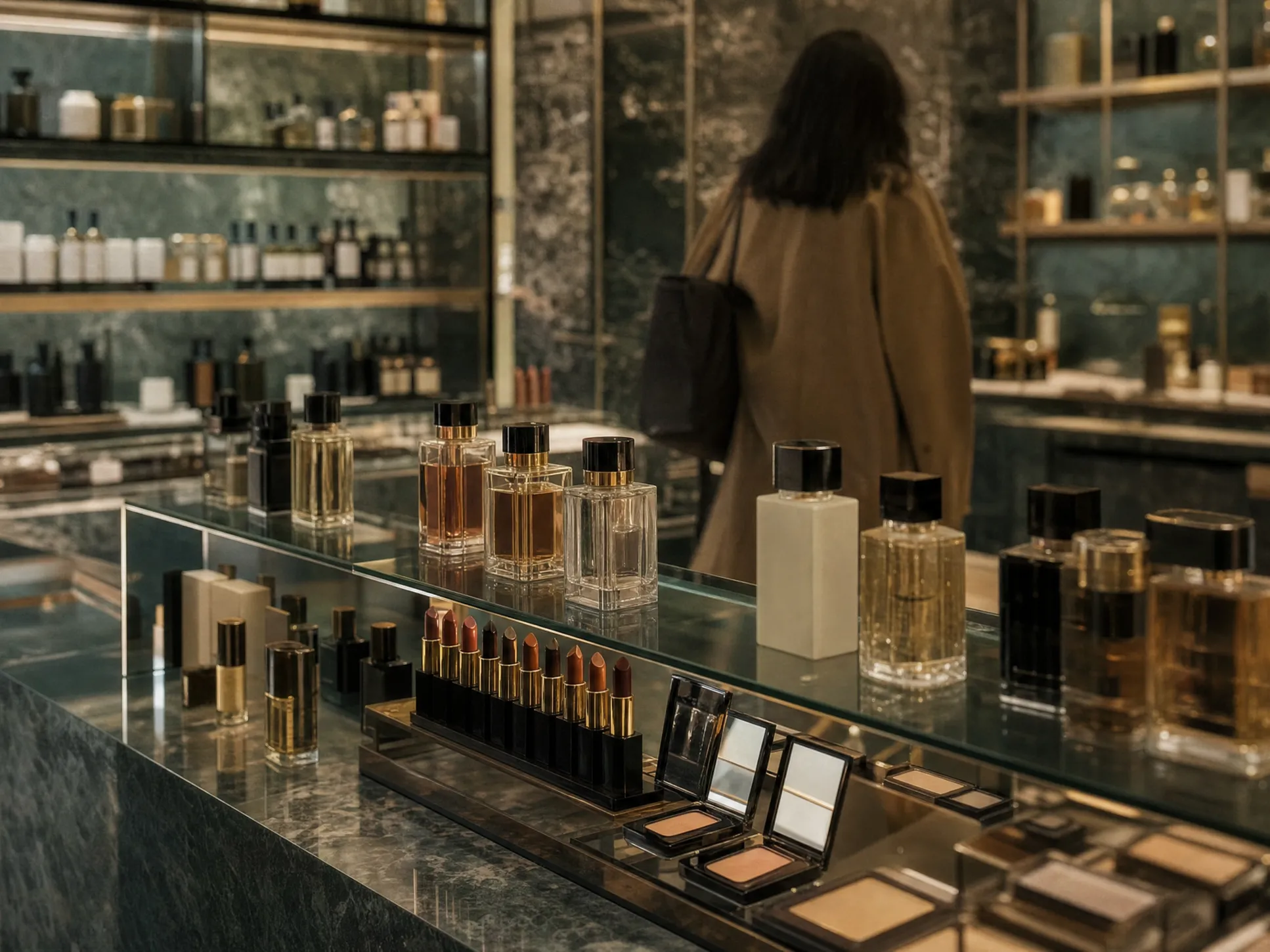 Glass beauty counter with fragrances, lipsticks and powder compacts in a specialist store