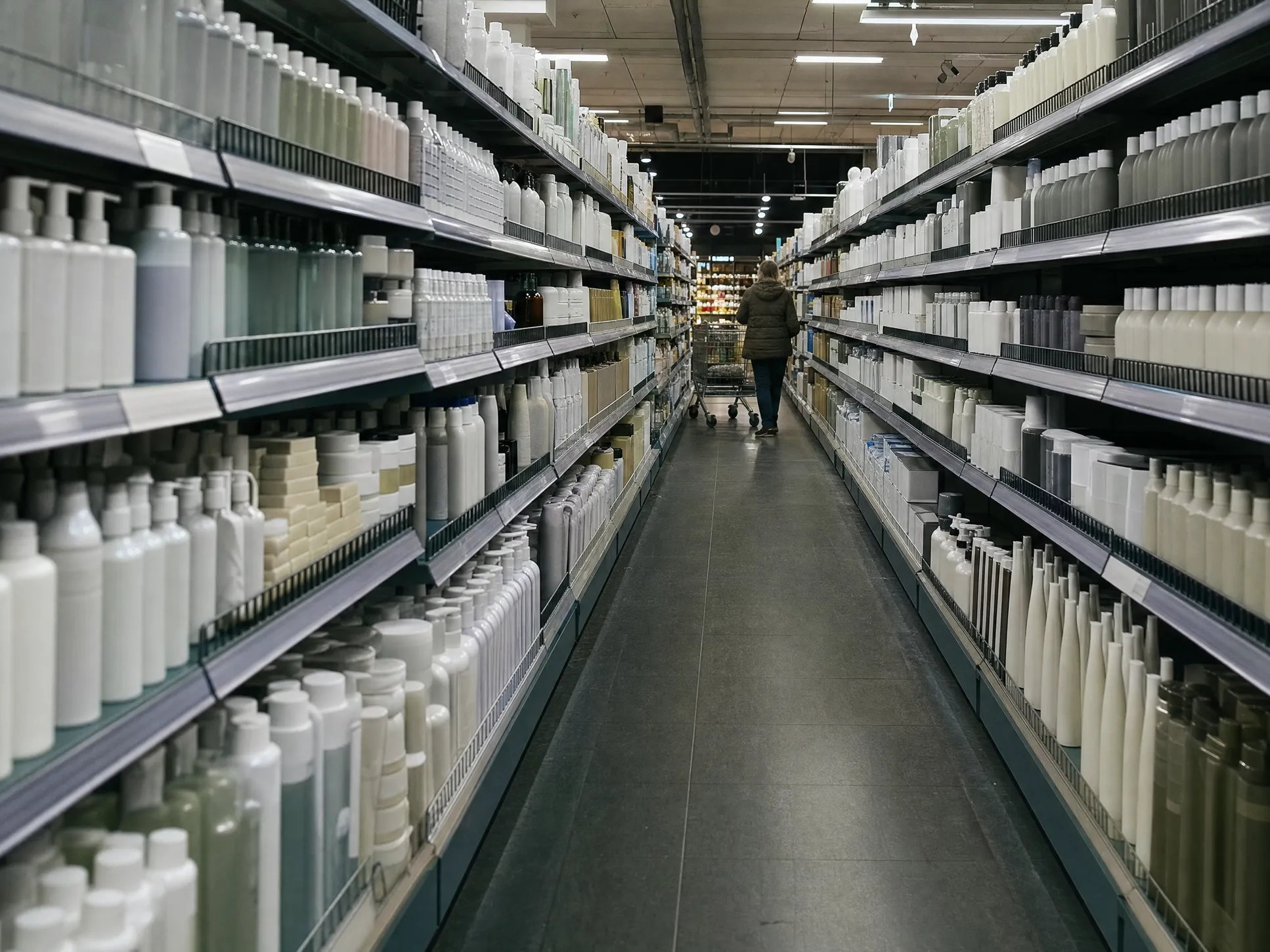 Supermarket aisle lined with bottles of personal care and household products