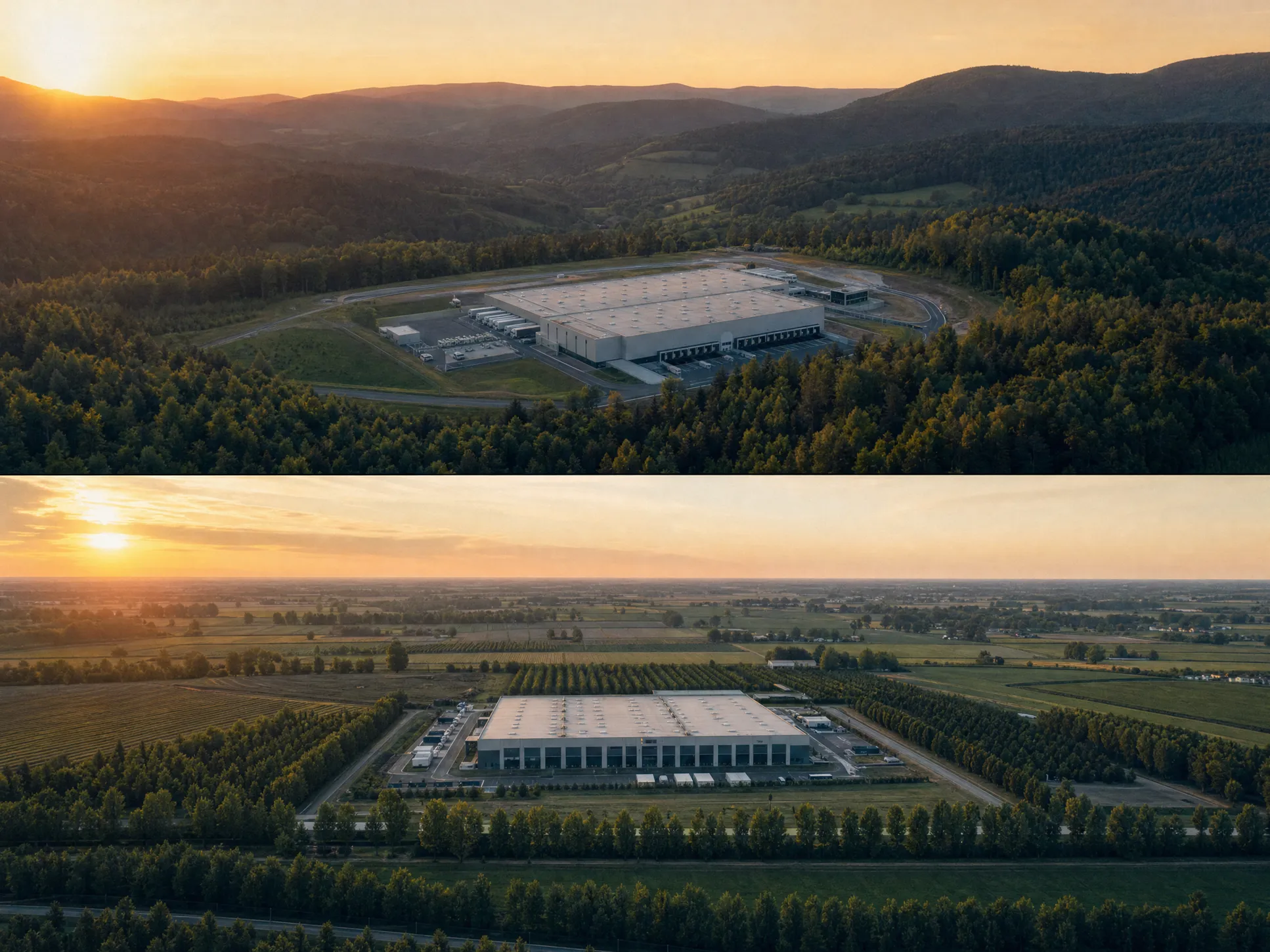 Aerial sunset views of two warehouse hubs in Italy and the Czech Republic