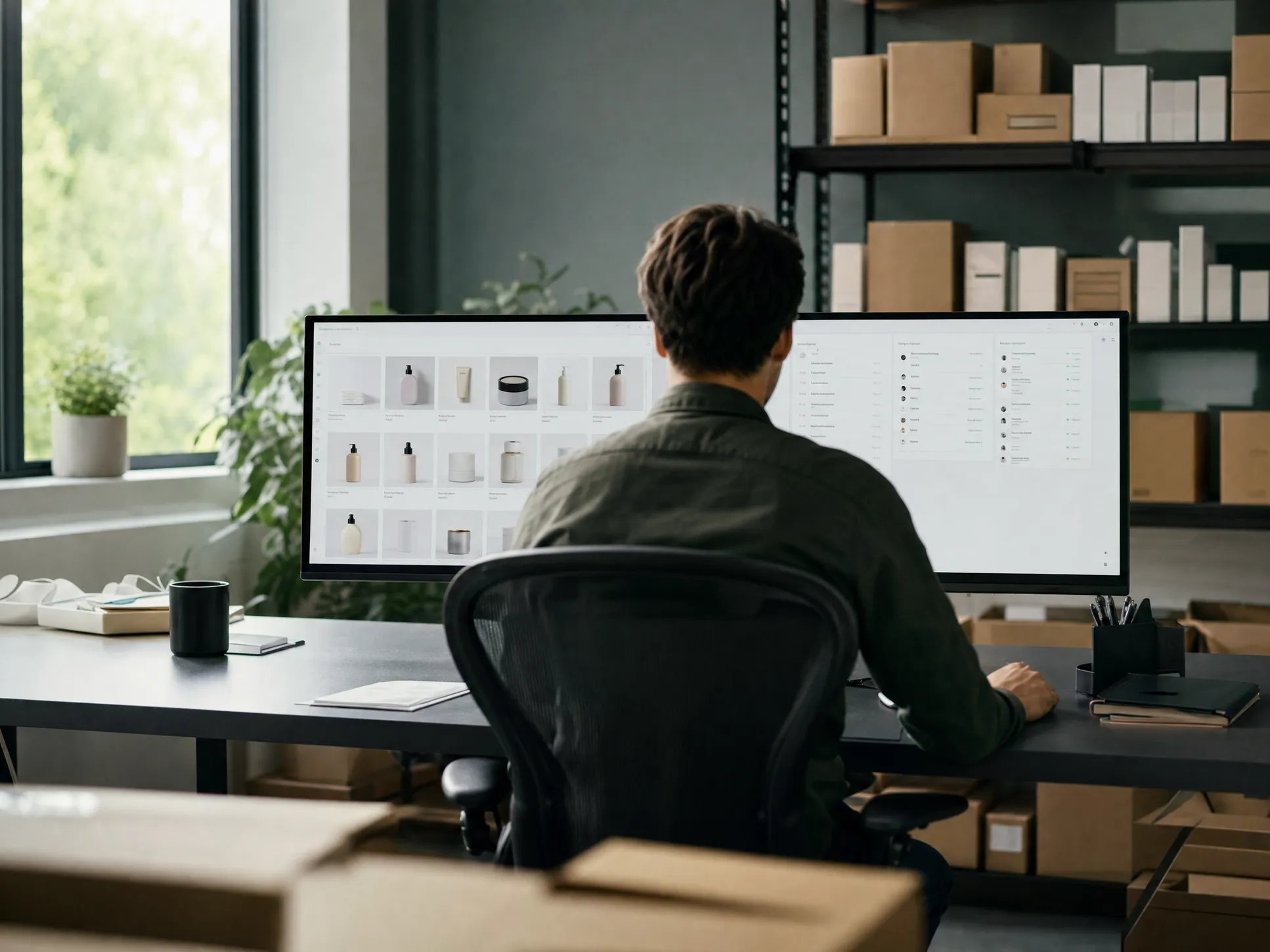 E-commerce seller reviewing a product catalogue on two monitors, cartons shelved behind