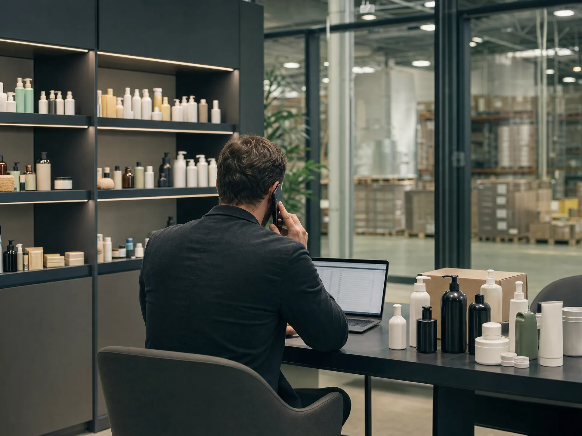 Wholesale buyer on the phone at a desk with personal care samples, warehouse beyond glass