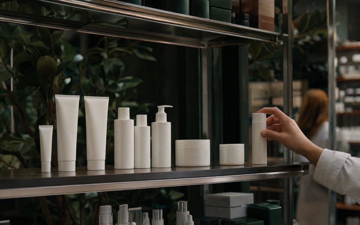 Hand stocking a retail shelf with white skincare tubes, bottles and jars