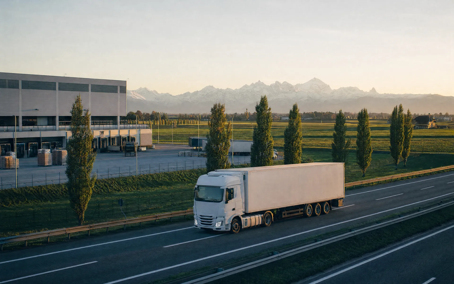 White lorry on a motorway passing a distribution warehouse, snow-capped mountains behind