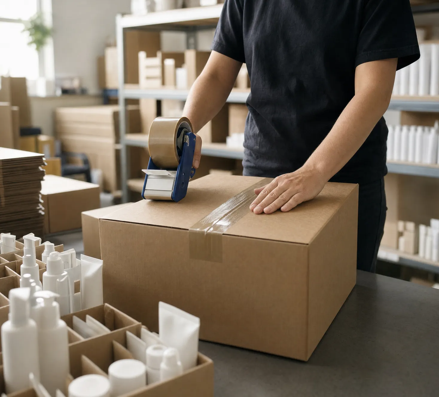 Worker taping a carton shut beside trays of white cosmetic bottles ready to ship