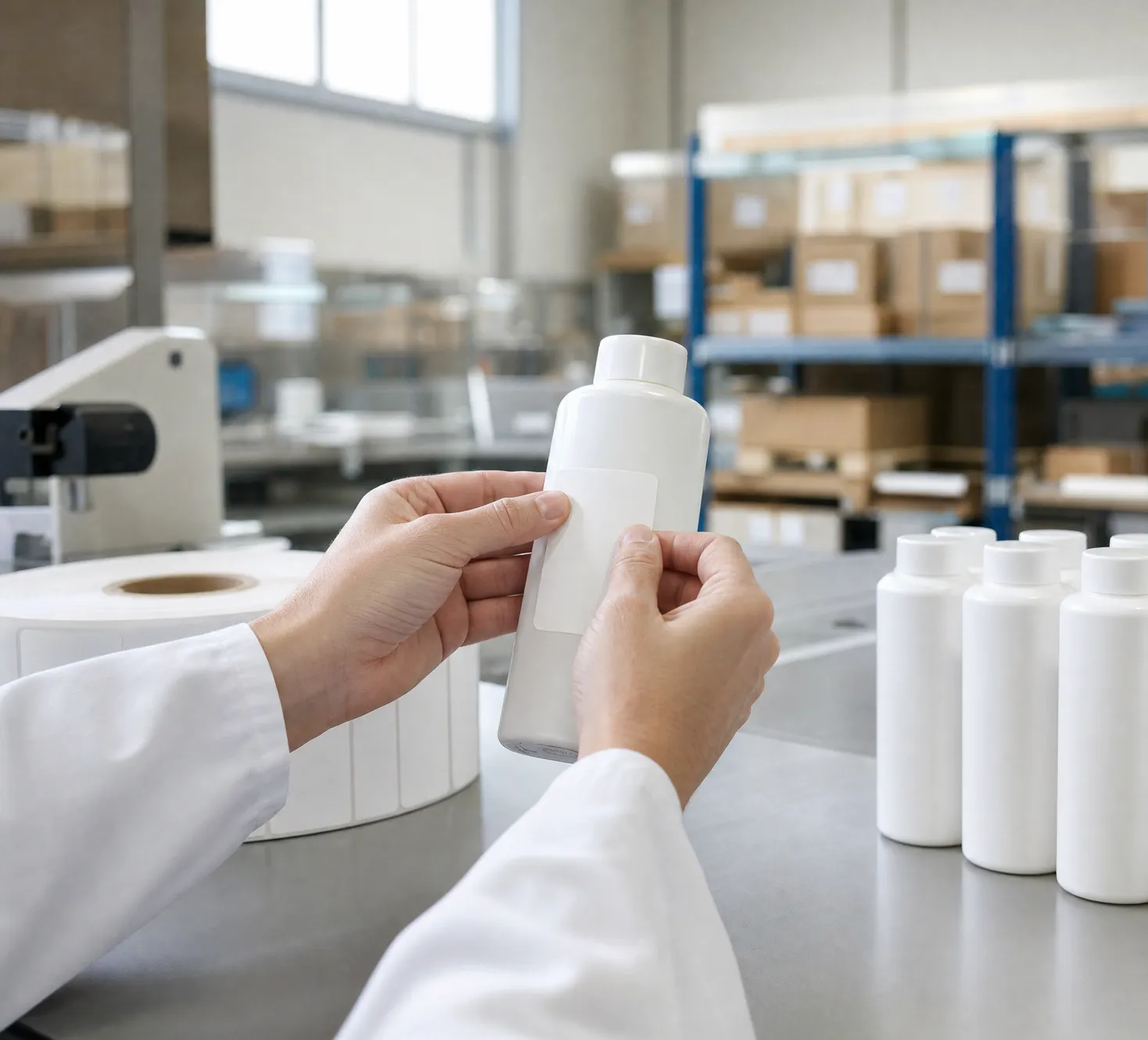 Hands in a lab coat checking a white cosmetic bottle at a warehouse bench