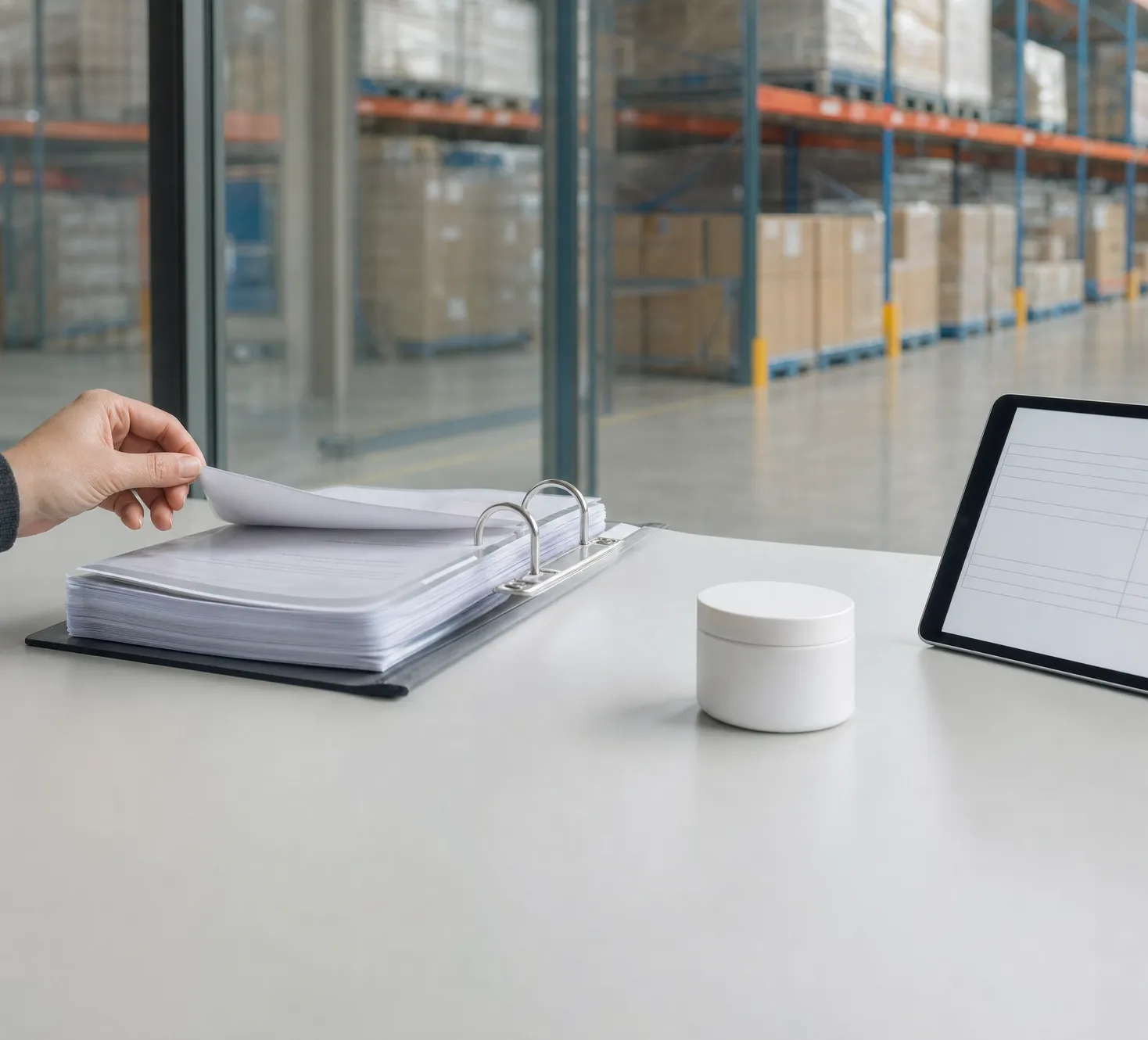 Hand turning pages of a documentation binder beside a tablet, warehouse racks behind