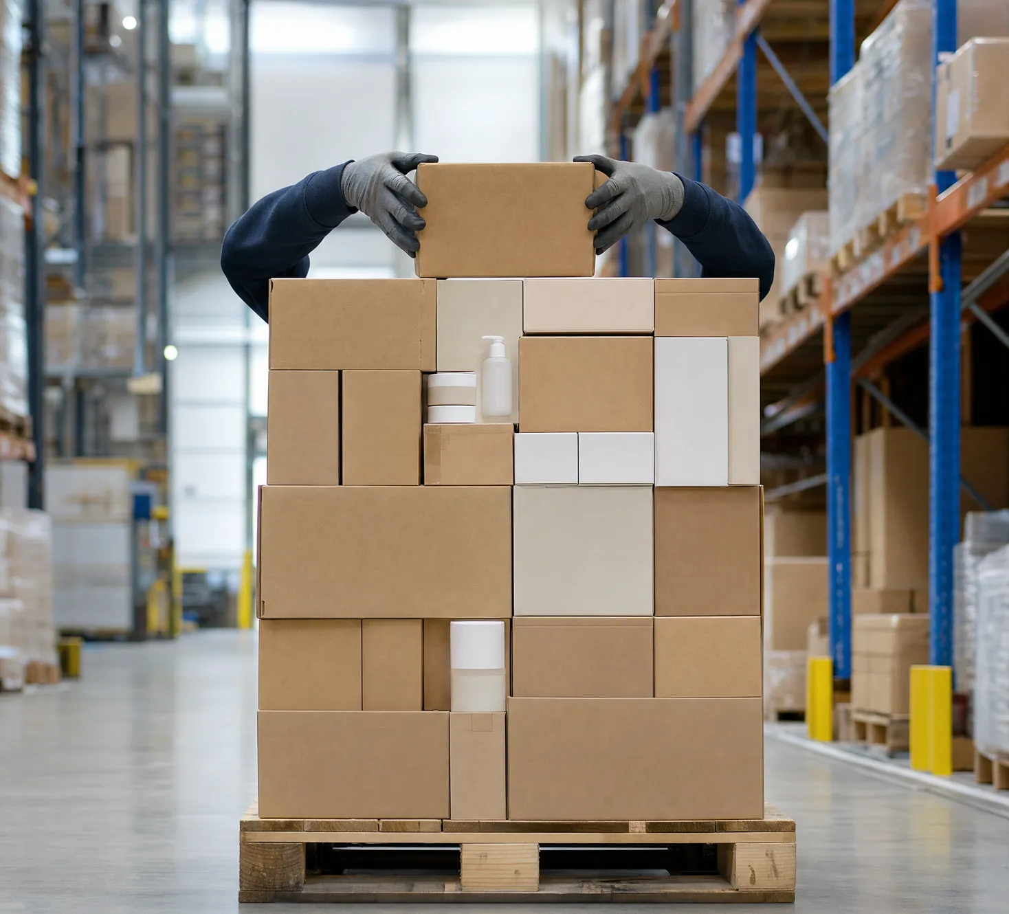 Gloved hands stacking a mixed pallet of cartons and product boxes in a warehouse aisle