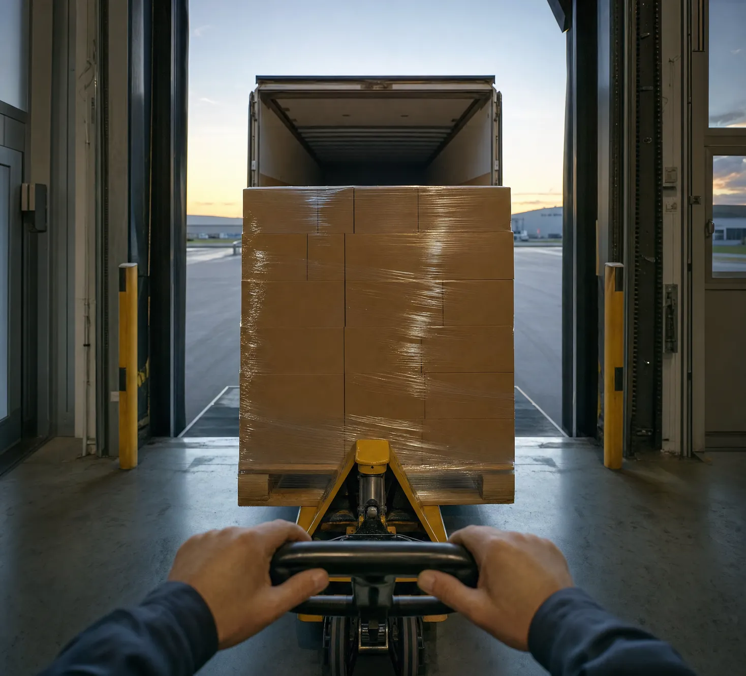 Shrink-wrapped pallet pushed on a pallet truck into a lorry trailer for dispatch